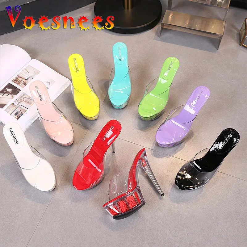 Мюли женские на платформе 15 см ПВХ прозрачные водонепроницаемые высокий каблук