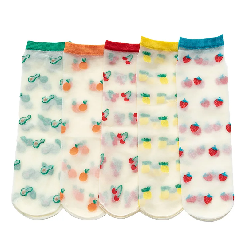 

Silk Socks Fruit Summer Avocado Ultra-thin Transparent Crystal Color Ankle Short Lace Women Girls Cherry Orange Strawberry Lemon
