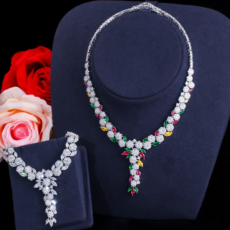 Женский Свадебный комплект из колье и серёг с разноцветным фианитом|Ювелирные