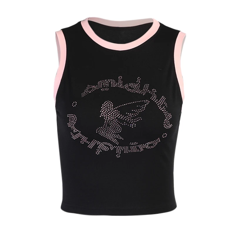 

Sexy Punk Harajuku Black Camisole Women Gothic Hip Pop Patchwork Color Contrast Hot Drilling Sleeveless Slim Thin Vest Club Tops