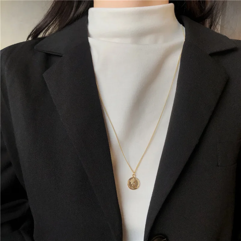 

Vintage Carved Coin Necklace for Women Fashion Gold Color Figur Medallion Pendant Long Necklaces Bohemia Jewelry