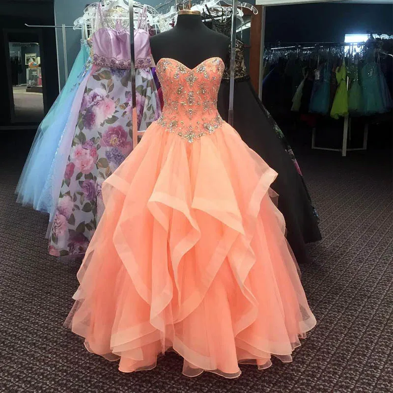 

New Long Coral Quinceanera Dresses Ball Gown Sequin Beaded Appliques Sweet 16 Dresses Plus Size Vestidos De Quinceañera