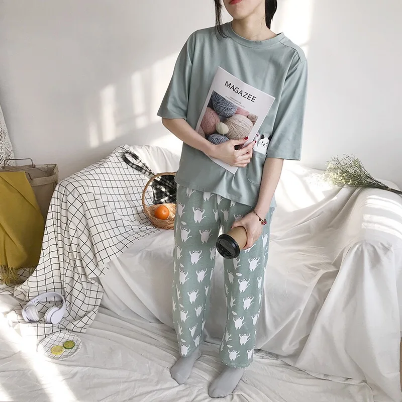

New Women Pajama Set Soft Cat Cartoon Printing Pijama Home Pyjamas Ladies Cotton Pyjama Set Sleepwear