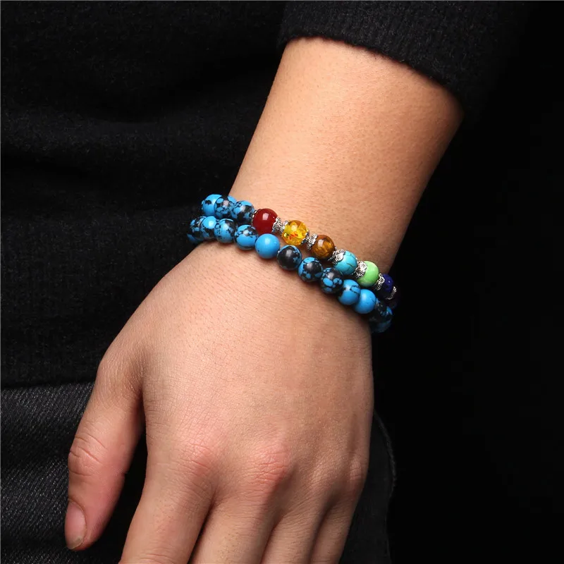 

2pcs/set Couples Distance 7 Chakra Bracelet Natural Turquoises Agates Beaded Charm Energy Bracelet for Women Men Best Friend