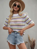 maycaur 2022 spring and summer new stitching hollow knit sweater loose round neck striped sweater women