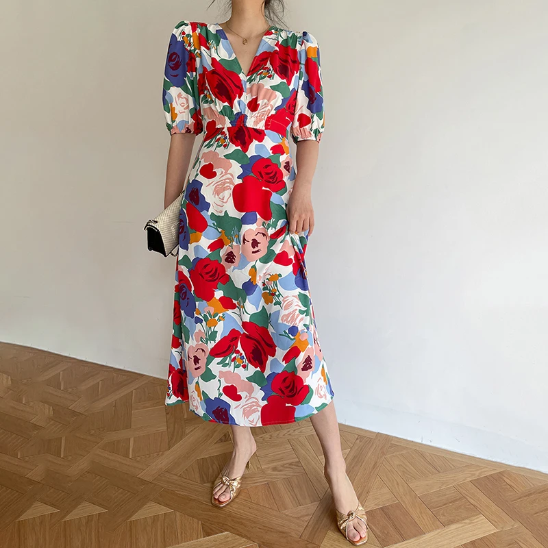 

[EAM] Women Red Pattern Printed Long Holiday Dress New V-Neck Half Sleeve Loose Fit Fashion Tide Spring Summer 2021 1DD9429