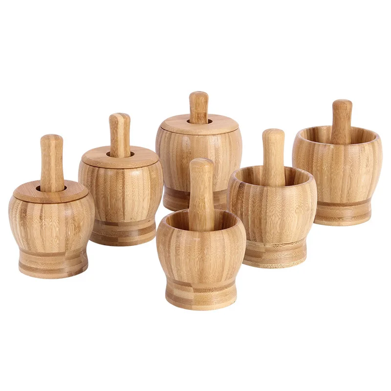 

Multifunctional Bamboo Mortar Pestle Spice Crusher Garlic Grinder with Lid Herbs Pepper Grinder Household Masher Kitchen Tools