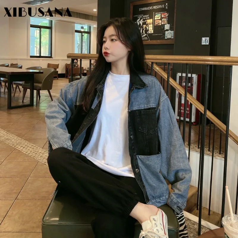 

XIBUSANA Autumn Korean Ins Vintage Patchwork Long Sleeve Denim Coat Female Turn-down Collar Single Breasted Loose Jackets Ladies