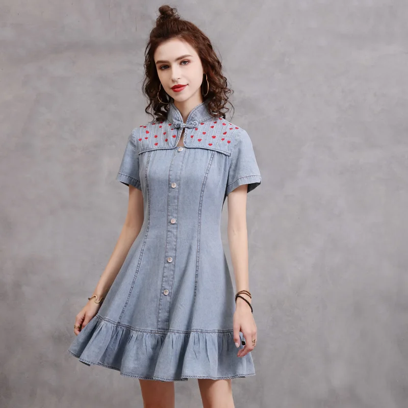 

IEQJ Women Elegant Short-sleeved Ruffled Cheongsam Retro Embroidered Denim Mini Dress New Long Fashion Tide Summer 2021 3F0457