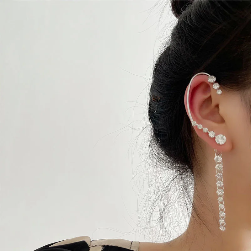 1PC Long Flashing Tassel Zircon Earrings Design Ear Clip Ear Cuff Wedding Party Jewelry