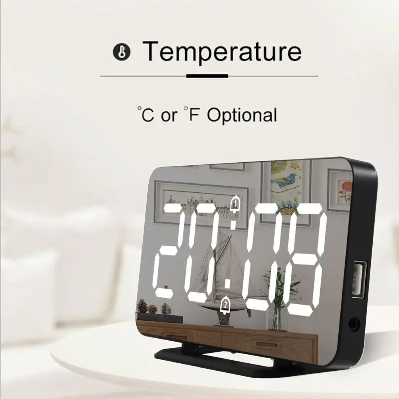 

Digital Mirror Alarm Clock Wall Clock LED Display Electronic Temperature Snooze Clock USB Home Decoration