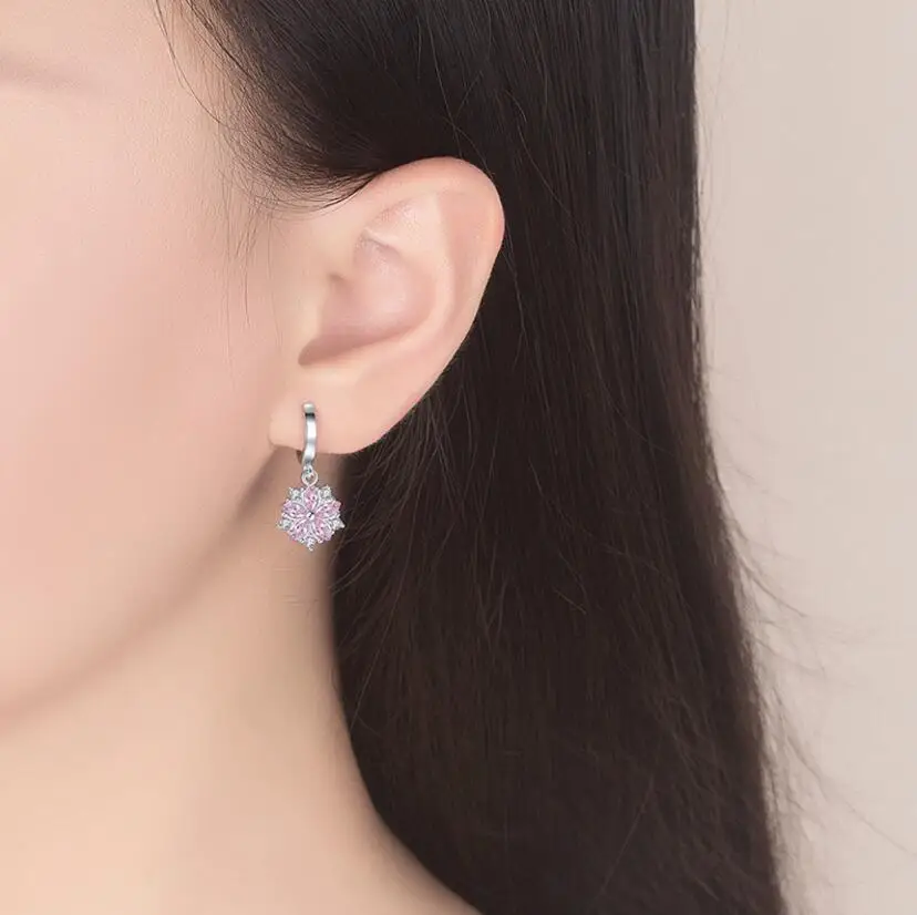 

MEEKCAT 925 Sterling Silver Earrings High Quality Jewelry Woman Fashion New Pink Crystal Zircon Retro Flower Style Hot Earrings