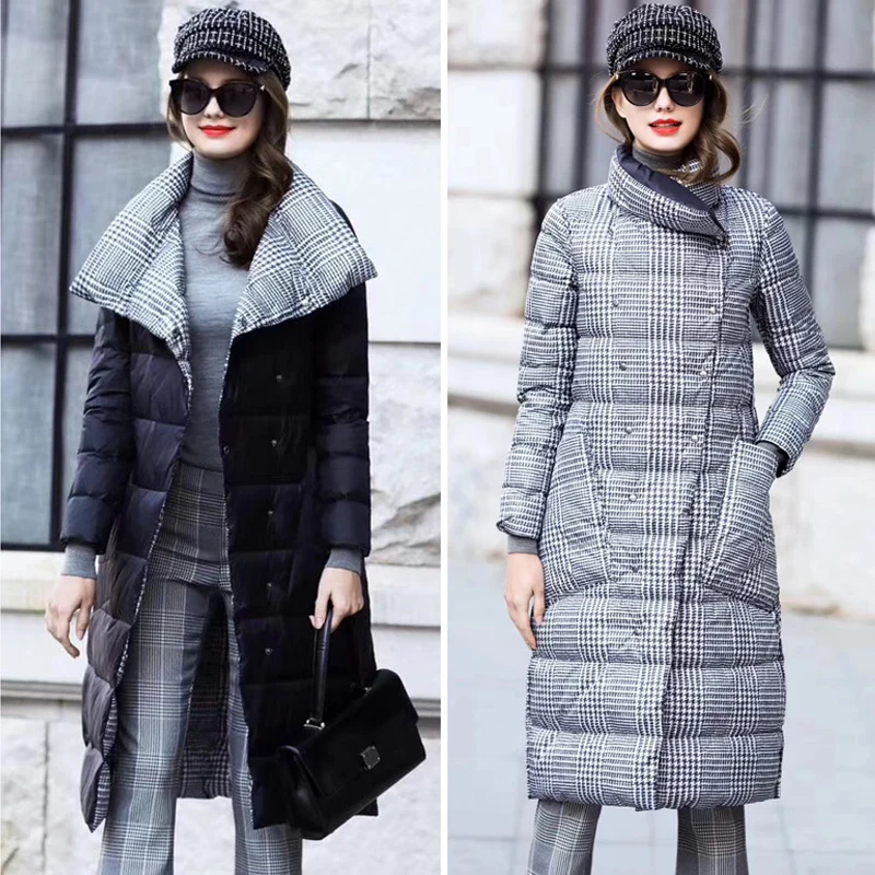 black and plaid Double Sided Women's Down Jacket Long Winter Turtleneck White Duck Down Coat Female Double Breasted Plus size Warm Plaid Parkas - Цвет: black and plaid