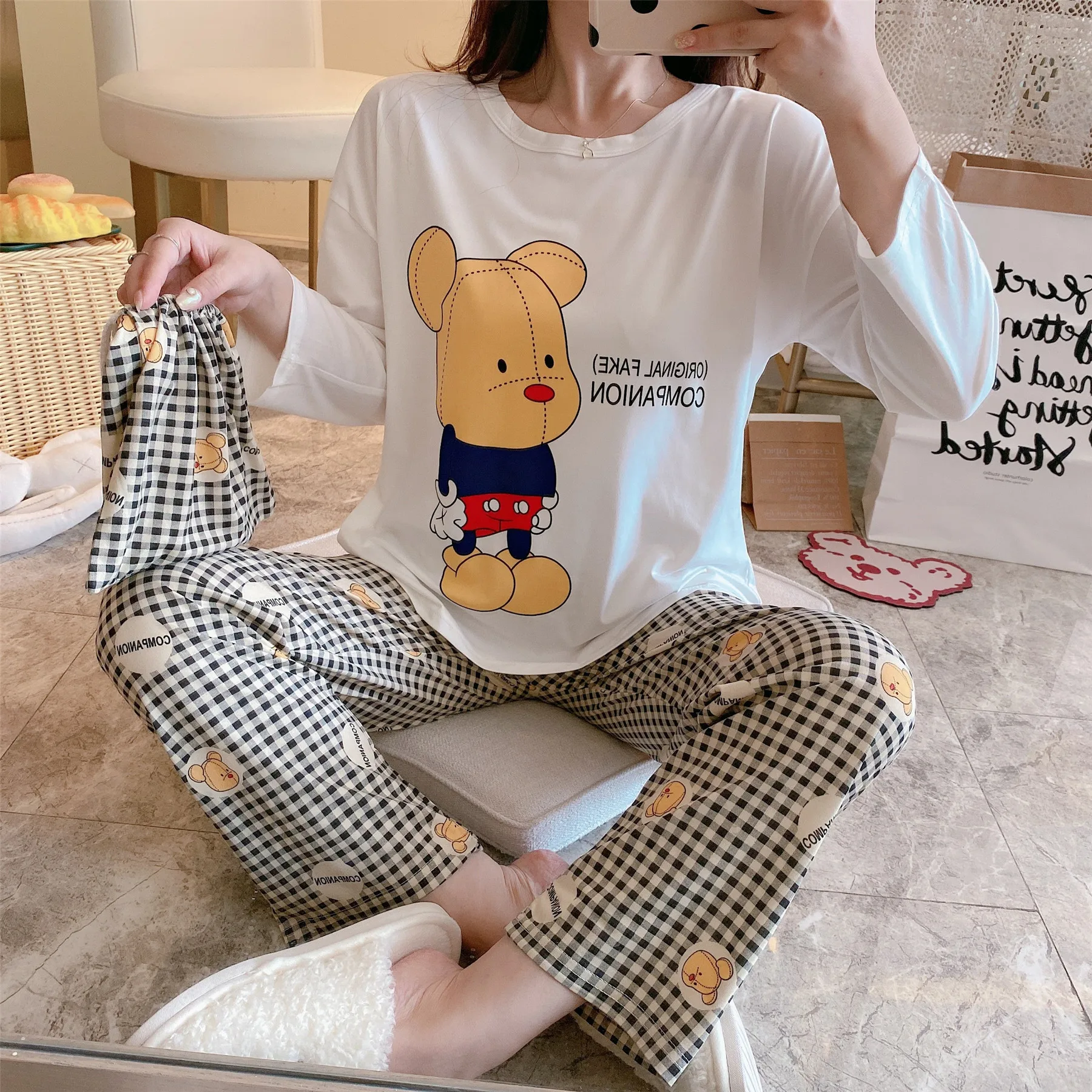 Повседневная Домашняя одежда футболка с длинными брюками Женская для сна пижама