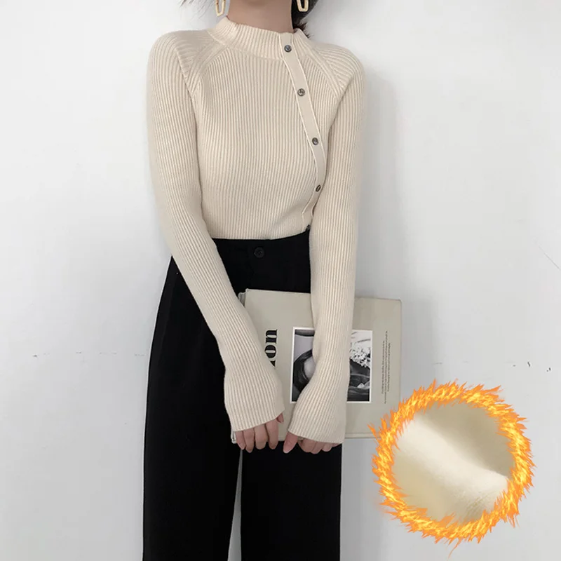 BGTEEVER 2020 New Autumn Winter Thick Velvet Half Turtleneck Female Knitting Jumpers Striped Warm Fleece Women Pullover Sweater | Водолазки