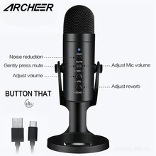 ARCHEER MU-900 USB Condenser Microphone Stand Gaming Streaming Monitor Noise Reduction Mute Recording Mic Computer PC dj Karaoke