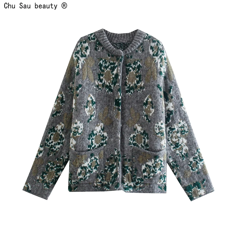

2021 Autumn Winter New Vintage Fashion Single Breasted O-Neck Flower Jacquard Gray Knitted Cardigan Jacket Women Sweater