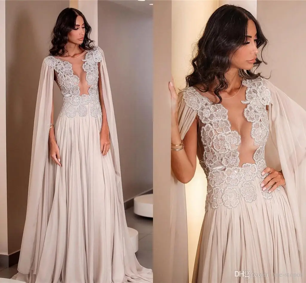 

2021 Arabic Long Robe Evening Dresses Chiffon Appliqued Caftan Sweep Train A Line Prom Dress With Cape Formal Gowns Party Wear