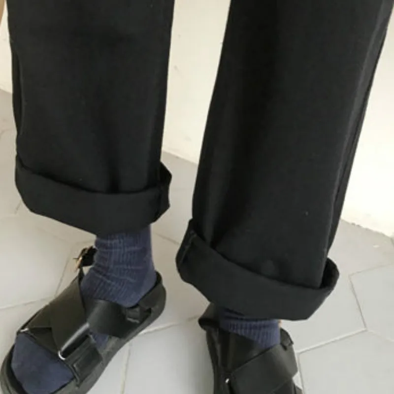 

Women Jeans Solid Black Simple Plus Velvet Straight Denim Trousers Female All-match Loose Adjustable Waist Korean Style Ins Chic