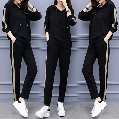 

Большой размер, повседневный комплект из двух предметов с капюшоном, топ и штаны, однотонный модный костюм для девочек, Женский комплект из ...