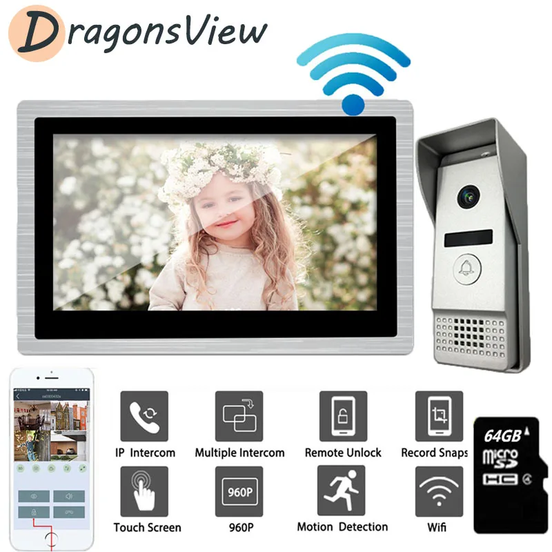 

Видеодомофон DragonsView с Wi-Fi и сенсорным экраном 10 дюймов, 960P
