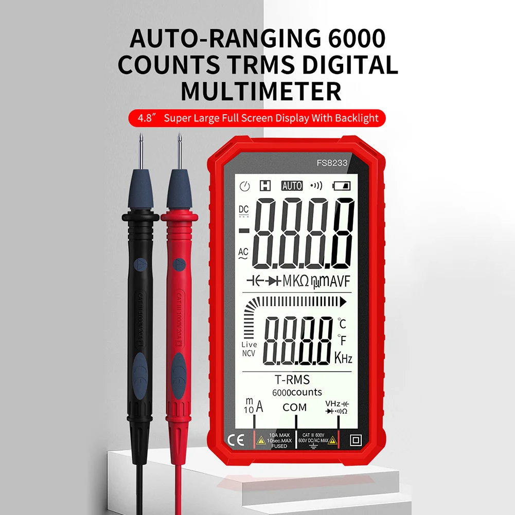 

FS8233 6000 Counts Auto Range High Precise LCD Digital Multimeter Portable AC DC NCV Tester Volt Voltmeter Ammeter