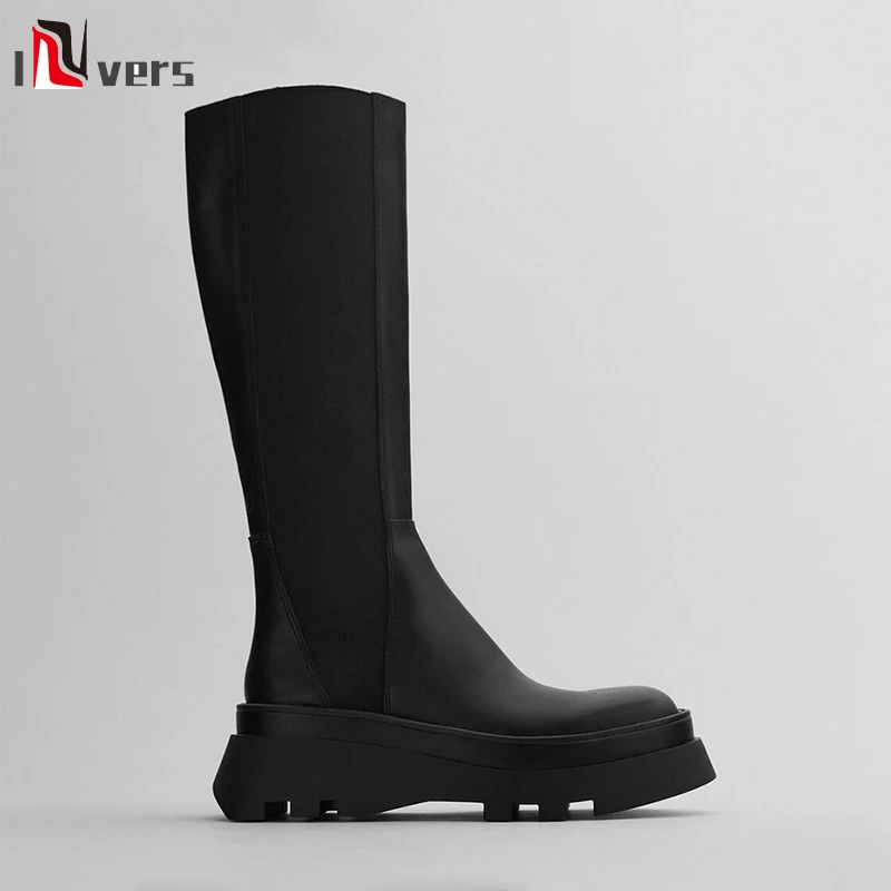 

2020 New Winter Women's Boots Black Grooved Sole Chimney Boots Flat Leather Boots Knee high boots Brand