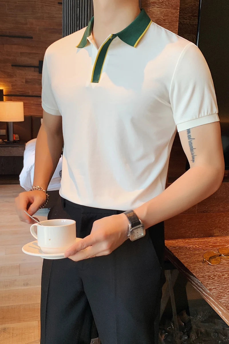 

Contrasting Lapel Polo Shirts Men Summer Short Sleeve Social Business Formal POLO Shirts British Style Streetwear Male Clothes