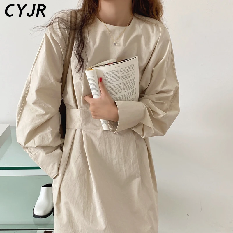 

Korea Chic Round Neck Bandage Dresses Slim Waist Tie Wide Femme Robe Loose Casual Mid-length Split Dresses for Women