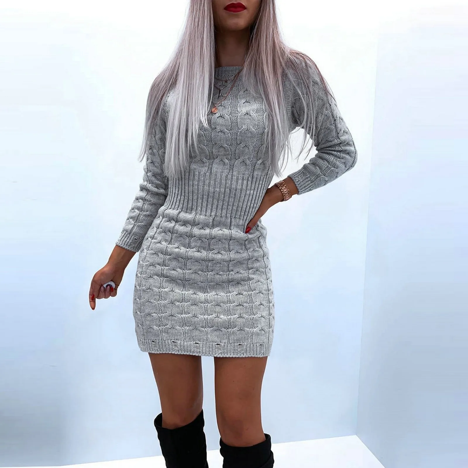 

Dress Women Winter Dress New Pattern Long-sleeved Knitted O-neck Sweater Solid Color Top Dress