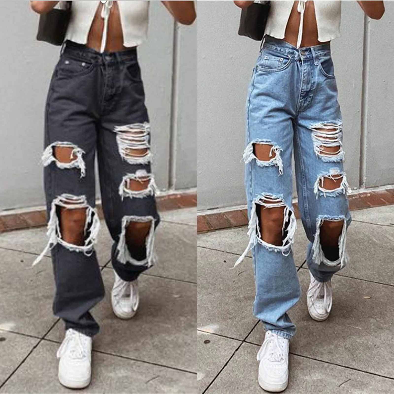 

2021 Women Button High Waist Pocket Elastic Hole Jeans Trousers Loose Denim Pants Fashion Streetwear Casual Wide Leg Pants Jeans