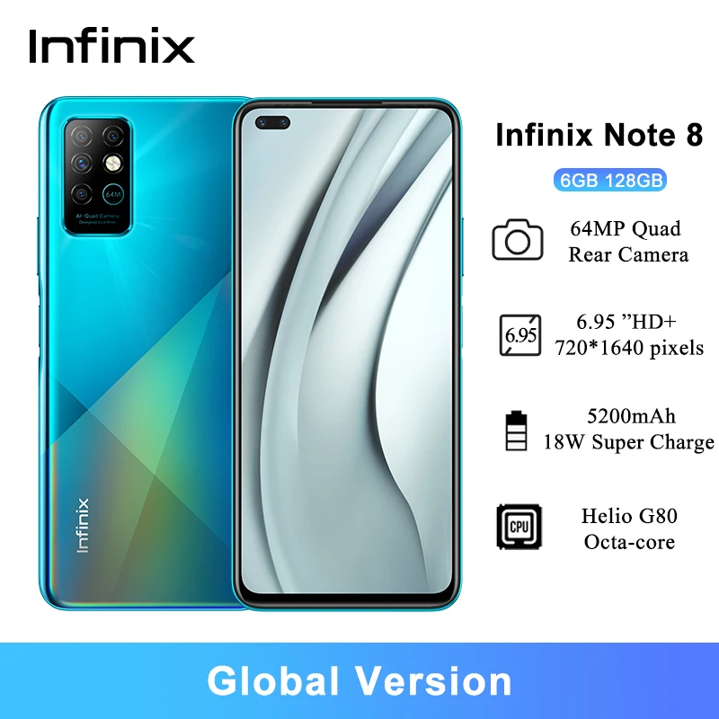 Смартфон глобальная версия Infinix Note 8 6 95 дюйма HD + Helio G80 5200 мА · ч 128 ГБ аккумулятор