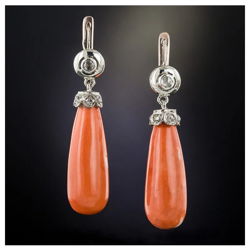 

Bohemian Ethnic Antique Coral Drop Earrings Beautiful Salmon Orange Coral Drop-Shaped Luxury Diamond Earrings Women's Jewelry
