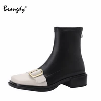 brangdy 2022 women ankle boots genuine leather splicing belt buckle women shoes round toe zipper women spring autumn boots wedge