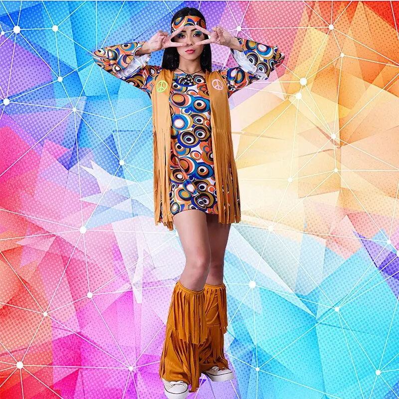 

Adult Women Hippie Costume 60's 70's Outfits Halloween Party Fancy Dress Up Cosplay Costumes