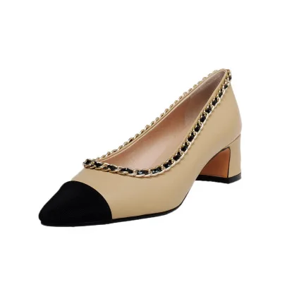 

2020 Fall Pointed Shallow Mouth Chain Color Matching Temperament Mid-Heel Single Heel Shoes Female Thick Heel Comfortable Shoes