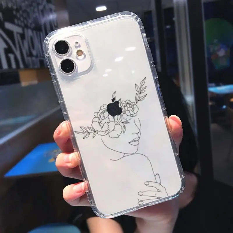 

Art line Retro Abstract Geometry leaves Phone Case Transparent soft For iphone 5 5s 5c 6 6s 7 8 11 12 plus mini x xs xr pro max