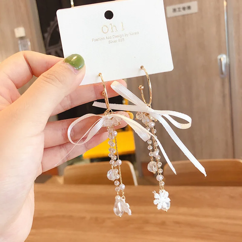 2019 модные корейские хрустальные серьги с бантом длинные подвески кисточкой