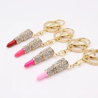 fashion luxury metal full rhinestone lipstick red keychain car bag pendant key chain for woman gift