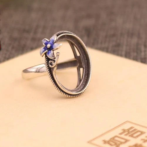

925 Sterling Silver Enamel Ring Engagement Wedding Semi Mount Oval Cabochon 13X17MM Fine Jewelry Setting Flower