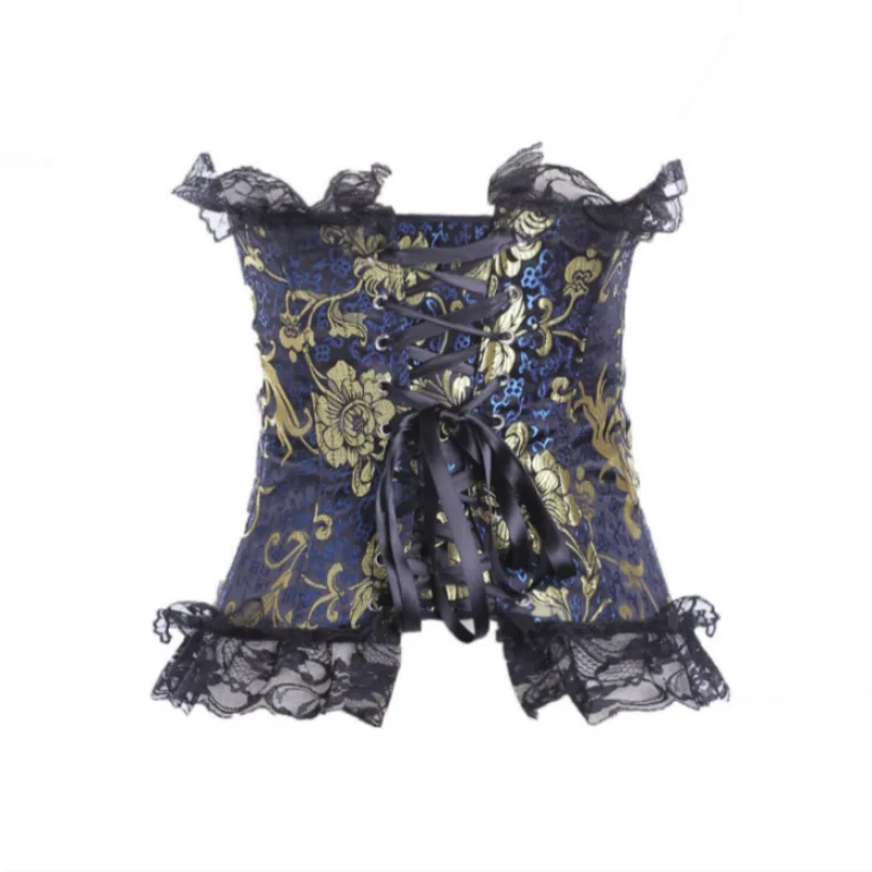Сексуальная костей кружево корсет Топ Синий золотистого цвета с цветочным