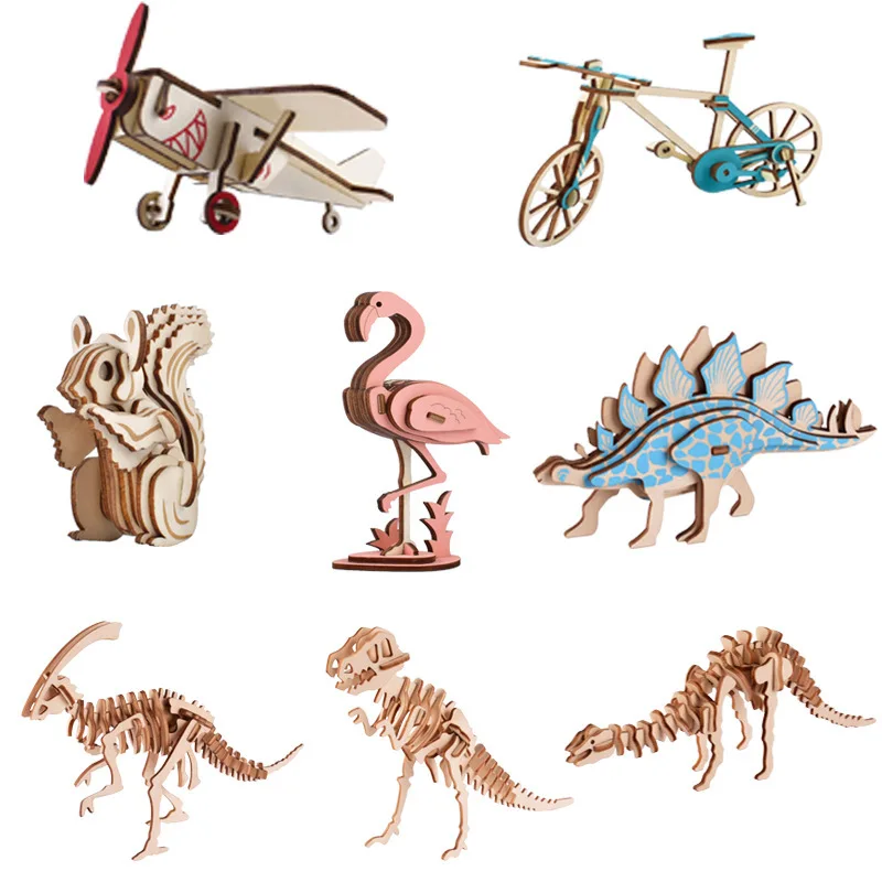 The new mini dinosaur puzzle wooden 3d model assembled child