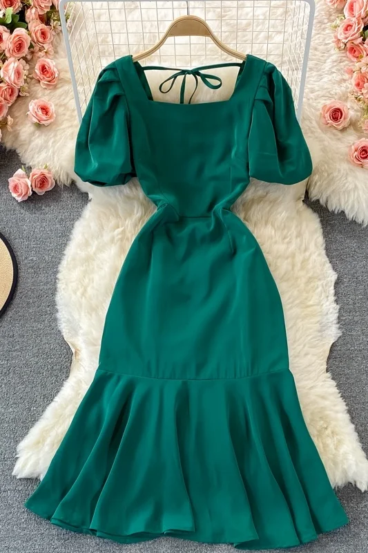 

French style open back fishtail dress with buttocks for women's 2021 summer new bubble sleeve waist length dress long dress