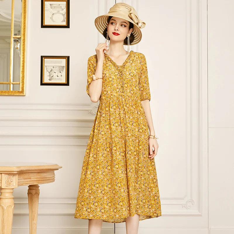 

Шелковое платье SHZQ с V-образным вырезом, юбка трапециевидной формы из шелка тутового шелкопряда, желтое Цветочное платье, Новинка лета 2021