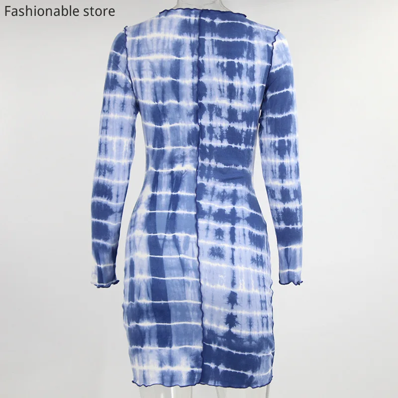 

Women Autumn Long Sleeve Round Color Tie Dye Mini Dress