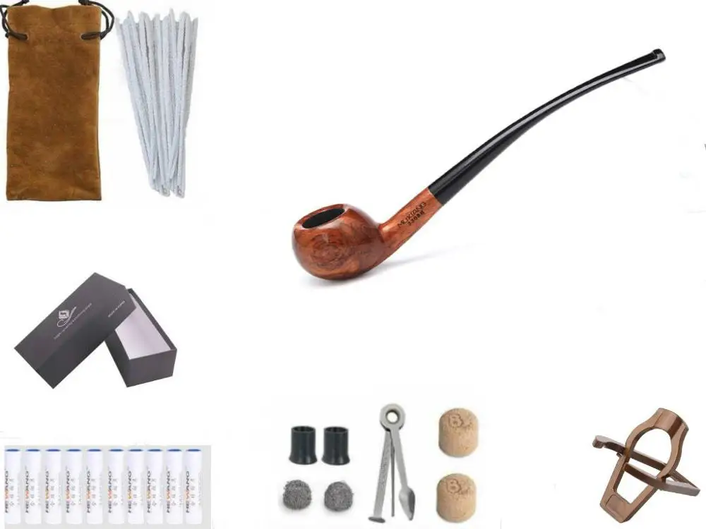 

Винтажная длинная курительная трубка 19 см, 3 мм, фильтр, 10 инструментов, свободная изогнутая деревянная трубка, лампа для табака