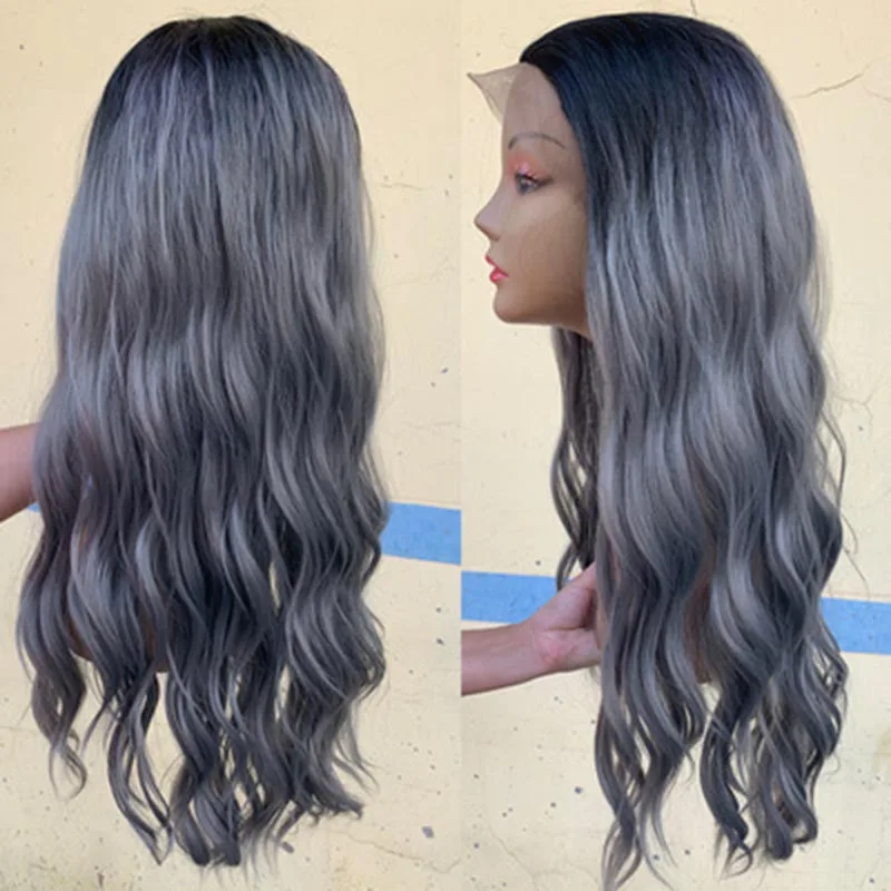 European and American gradient dark gray big wave t-color lace front wig