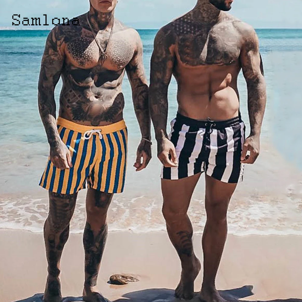 

Мужские модные шорты Samlona в полоску для отдыха, Новинка лета 2022, сексуальные обтягивающие шорты на шнуровке, мужские повседневные пляжные шо...