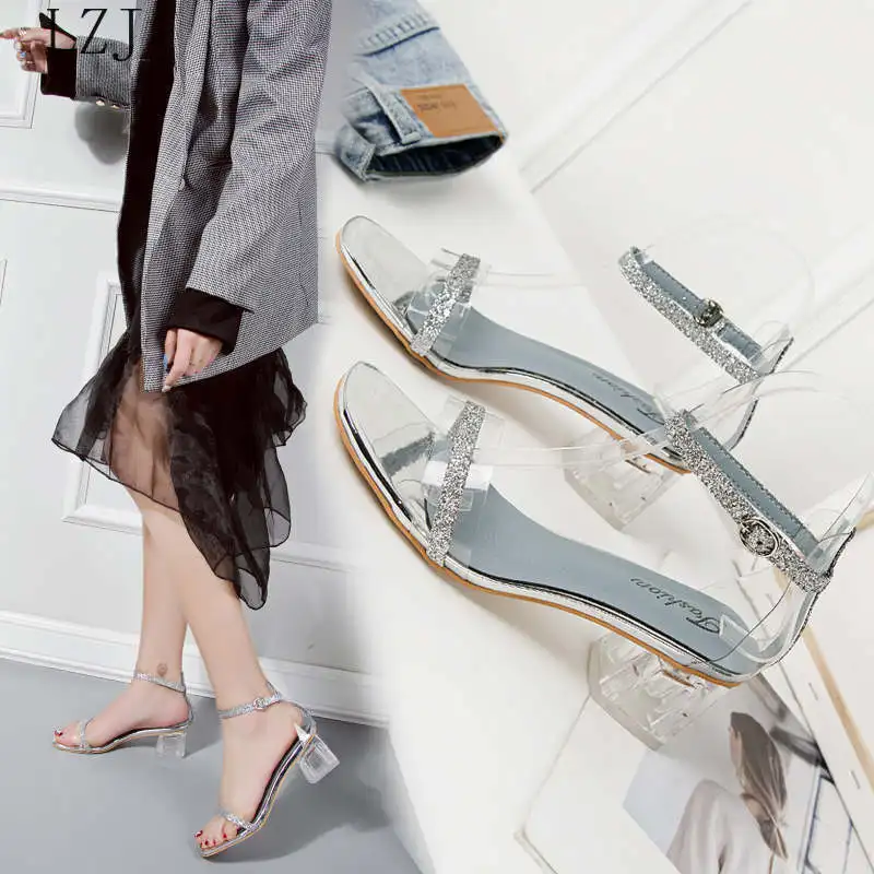 2019 HOT Clear Heels High Women Sandals Summer Shoes Transparent Pumps Wedding Jelly Buty Damskie Ankle Strap Square Pvc | Обувь
