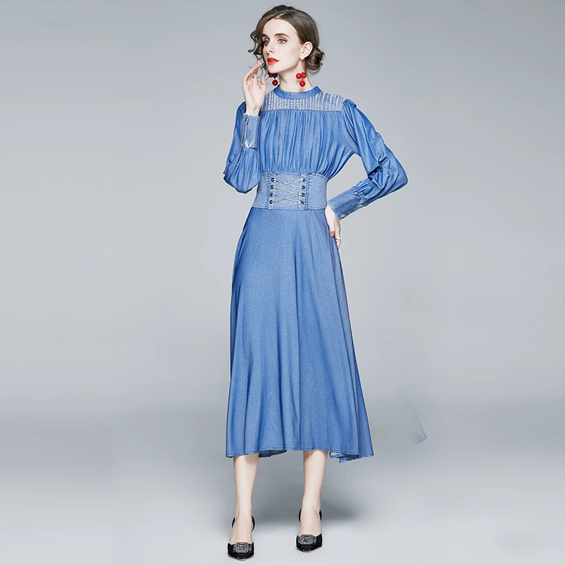 

ZUOMAN Women Autumn Luxury Beading Denim Dress Festa High Quality Long Vinatge Party Robe Femme Runway Designer Blue Vestidos